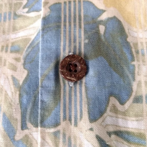 TOMMY BAHAMA Shirt L Yellow Blue Hibiscus Linen Blend Hawaiian Short Sleeve - Picture 7 of 12